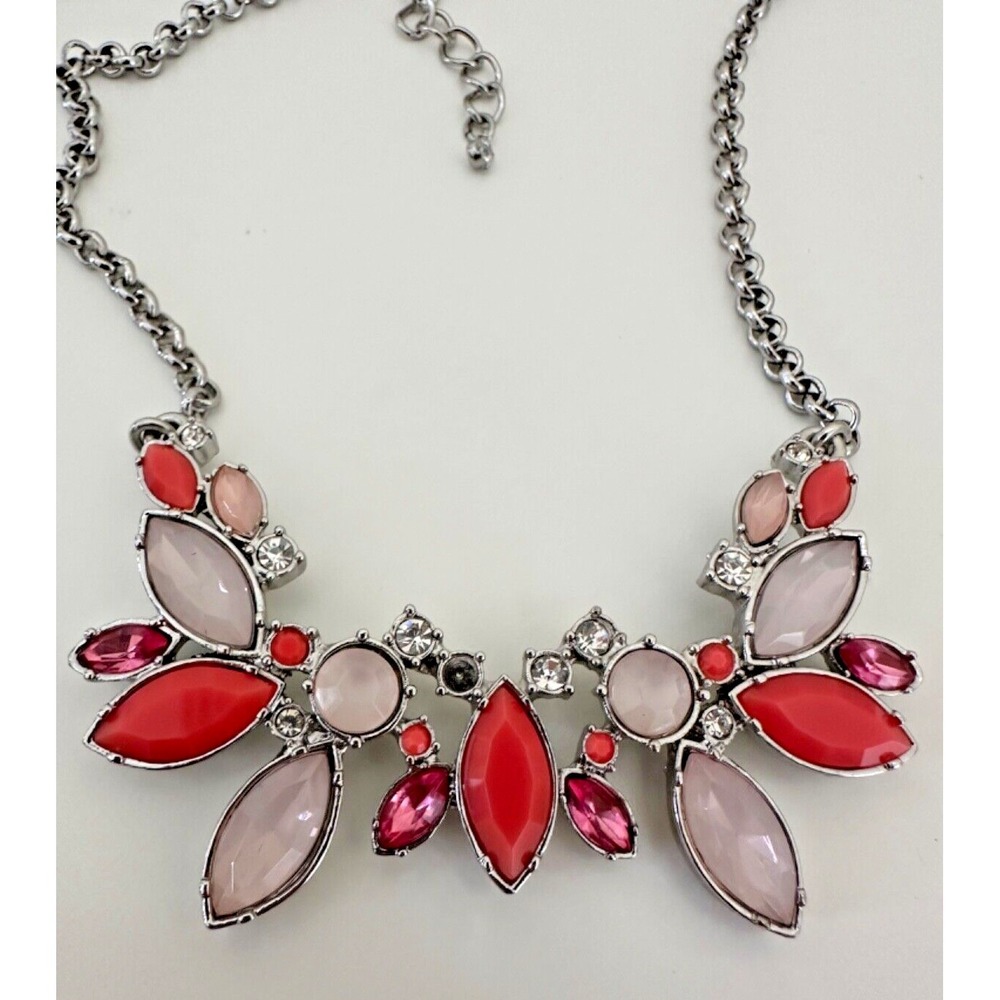 New Ann Taylor Necklace Statement Pink Coral Cluster Crystals Silver Tone